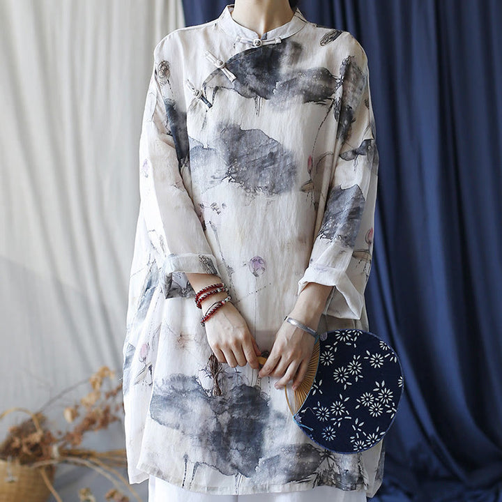 Buddha Stones Lotus Leaf Ink Painting Frog-Button Design Long Sleeve Ramie Linen Shirt With Pockets