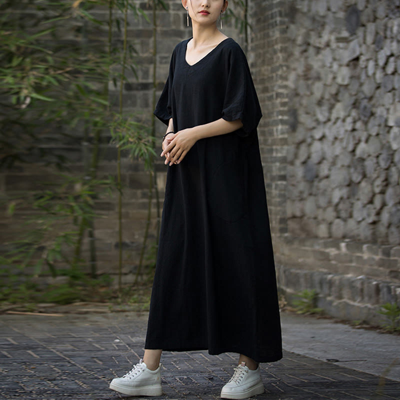 Buddha Stones Solid Color V-Neck Half Sleeve Ramie Linen Midi Dress With Pockets - image 14