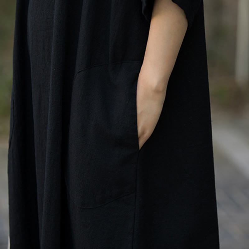 Buddha Stones Solid Color V-Neck Half Sleeve Ramie Linen Midi Dress With Pockets - image 16