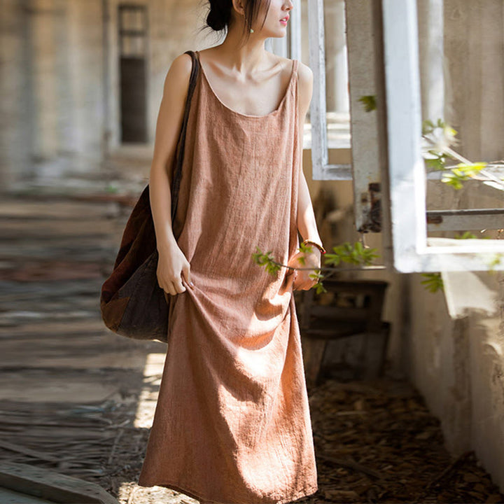 Buddha Stones Summer Spaghetti Strap Handmade Tie Dye Linen Midi Cami Dress - image 13