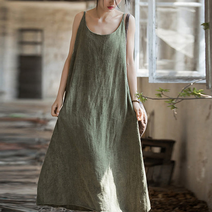 Buddha Stones Summer Spaghetti Strap Handmade Tie Dye Linen Midi Cami Dress - OliveDrab - F(Fit for US4-8/10; UK/AU8-12/14; EU36-40/42) - image 6