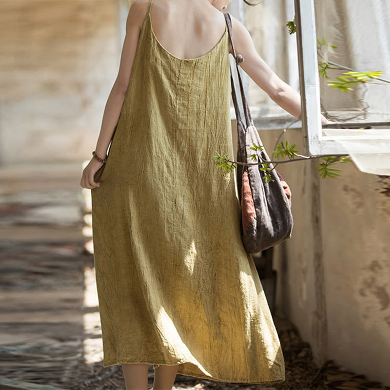 Buddha Stones Summer Spaghetti Strap Handmade Tie Dye Linen Midi Cami Dress - image 2