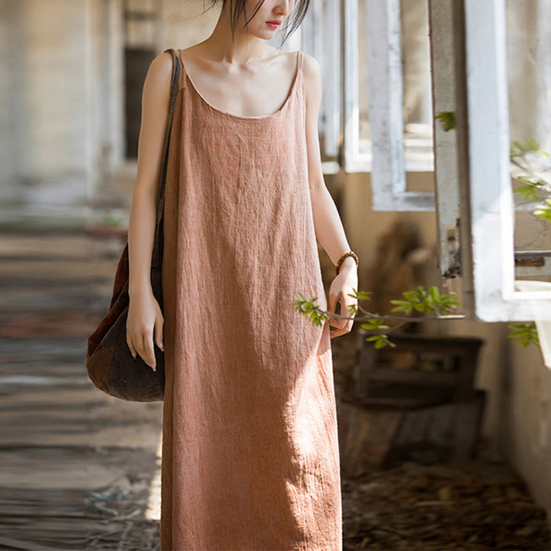 Buddha Stones Summer Spaghetti Strap Handmade Tie Dye Linen Midi Cami Dress - Moccasin - F(Fit for US4-8/10; UK/AU8-12/14; EU36-40/42) - image 12