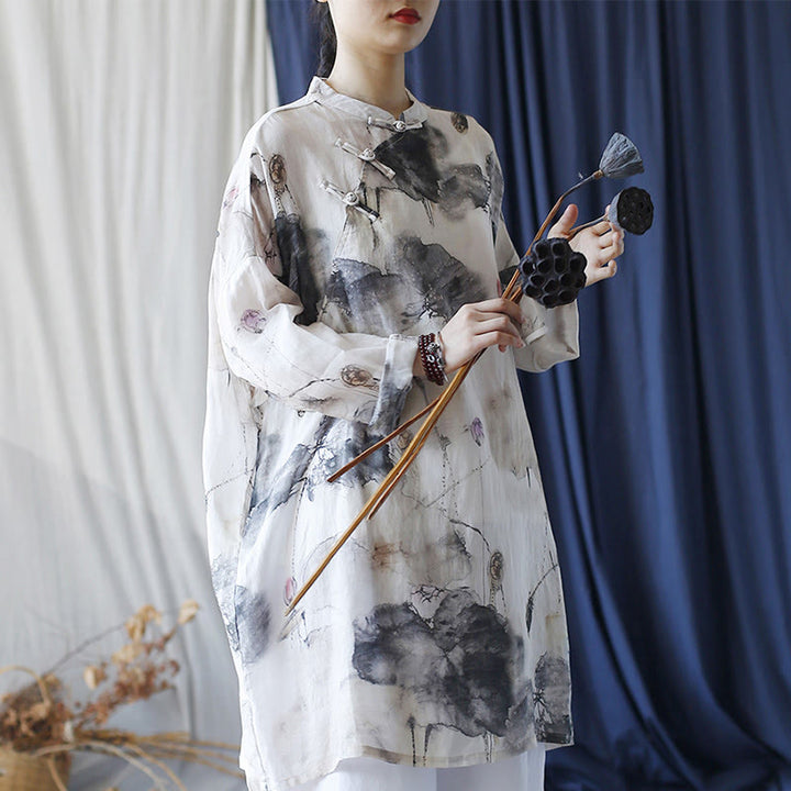 Buddha Stones Lotus Leaf Ink Painting Frog-Button Design Long Sleeve Ramie Linen Shirt With Pockets