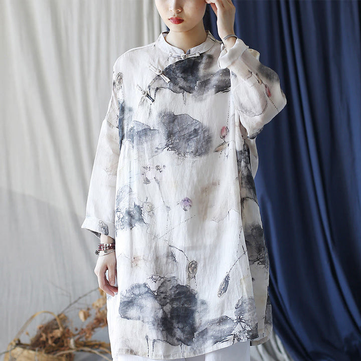 Buddha Stones Lotus Leaf Ink Painting Frog-Button Design Long Sleeve Ramie Linen Shirt With Pockets