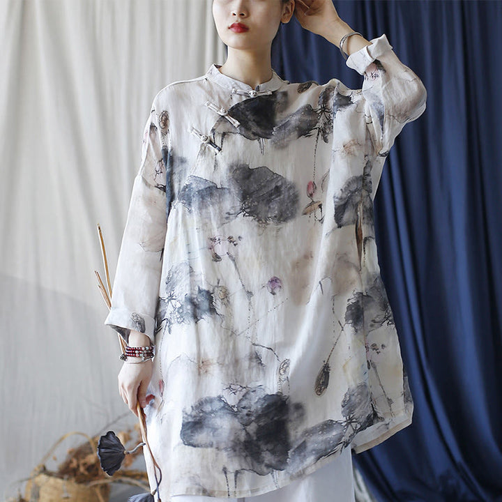 Buddha Stones Lotus Leaf Ink Painting Frog-Button Design Long Sleeve Ramie Linen Shirt With Pockets