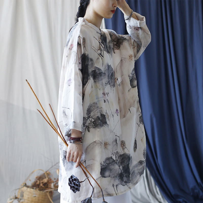 Buddha Stones Lotus Leaf Ink Painting Frog-Button Design Long Sleeve Ramie Linen Shirt With Pockets