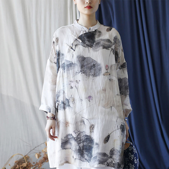 Buddha Stones Lotus Leaf Ink Painting Frog-Button Design Long Sleeve Ramie Linen Shirt With Pockets