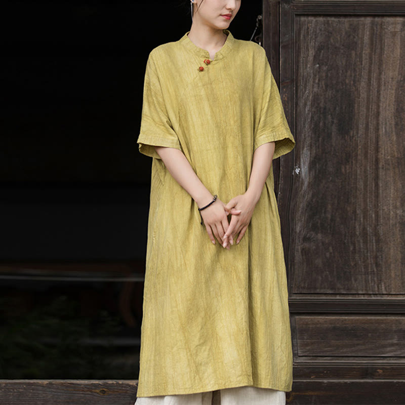 Buddha Stones Handmade Tie Dye Ramie Linen Women's Short Sleeve Below Knee Dress With Pockets - Yellow Dress(Dress Only) - US4-6，UK/AU8-10，EU36-38 (F) - image 7