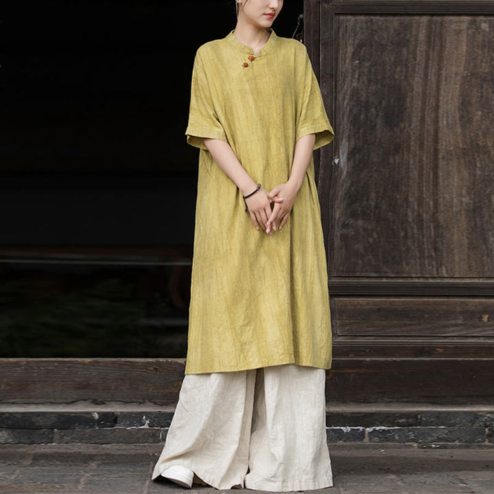 Buddha Stones Handmade Tie Dye Ramie Linen Women's Short Sleeve Below Knee Dress With Pockets - Yellow Dress&Khaki Pants - US4-6，UK/AU8-10，EU36-38 (F) - image 5