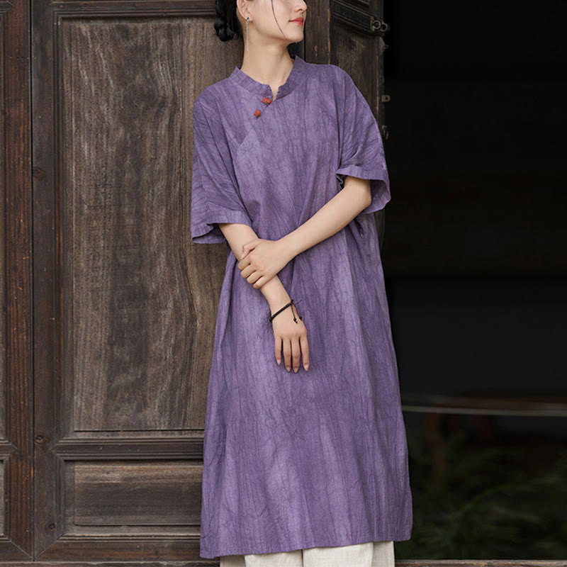 Buddha Stones Handmade Tie Dye Ramie Linen Women's Short Sleeve Below Knee Dress With Pockets - Purple Dress(Dress Only) - US4-6，UK/AU8-10，EU36-38 (F) - image 1