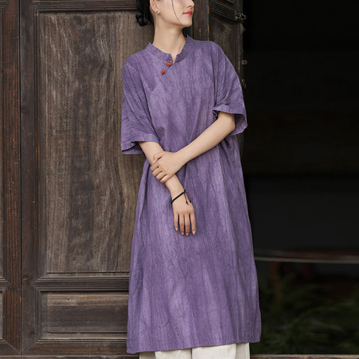 Buddha Stones Handmade Tie Dye Ramie Linen Women's Short Sleeve Below Knee Dress With Pockets - Purple Dress(Dress Only) - US4-6，UK/AU8-10，EU36-38 (F) - image 1
