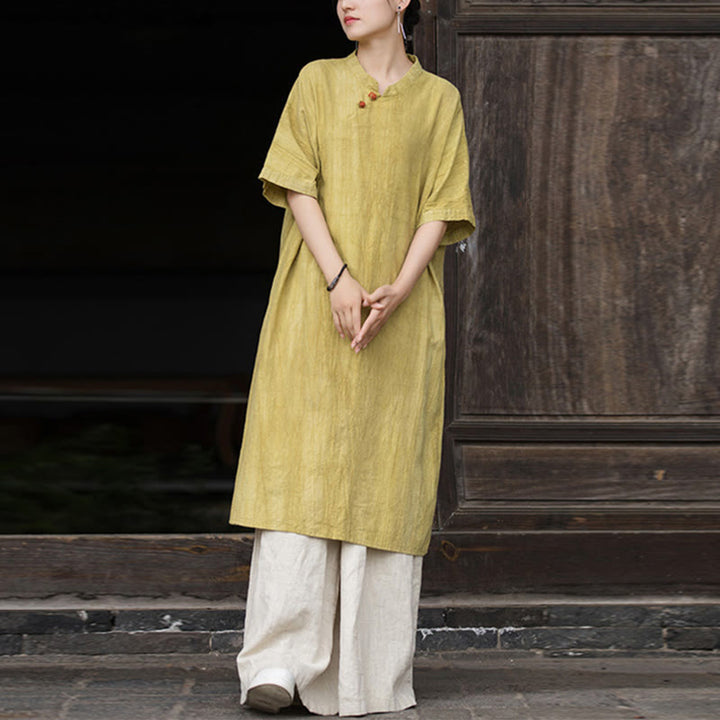 Buddha Stones Handmade Tie Dye Ramie Linen Women's Short Sleeve Below Knee Dress With Pockets - image 6