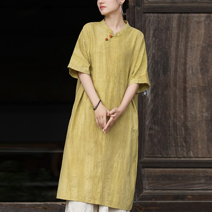 Buddha Stones Handmade Tie Dye Ramie Linen Women's Short Sleeve Below Knee Dress With Pockets - image 8