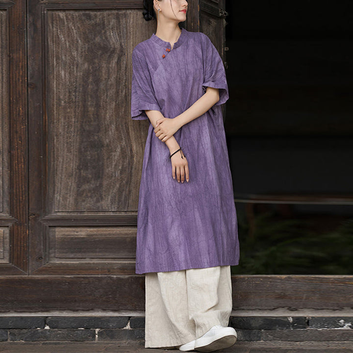 Buddha Stones Handmade Tie Dye Ramie Linen Women's Short Sleeve Below Knee Dress With Pockets - Purple Dress&Khaki Pants - US4-6，UK/AU8-10，EU36-38 (F) - image 0