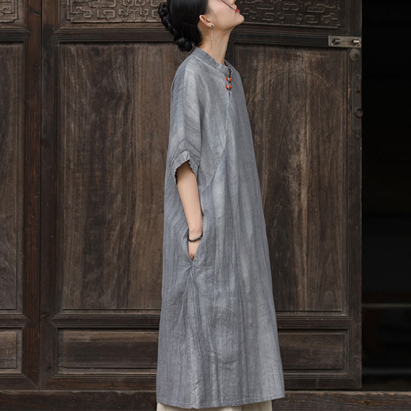Buddha Stones Handmade Tie Dye Ramie Linen Women's Short Sleeve Below Knee Dress With Pockets - image 15