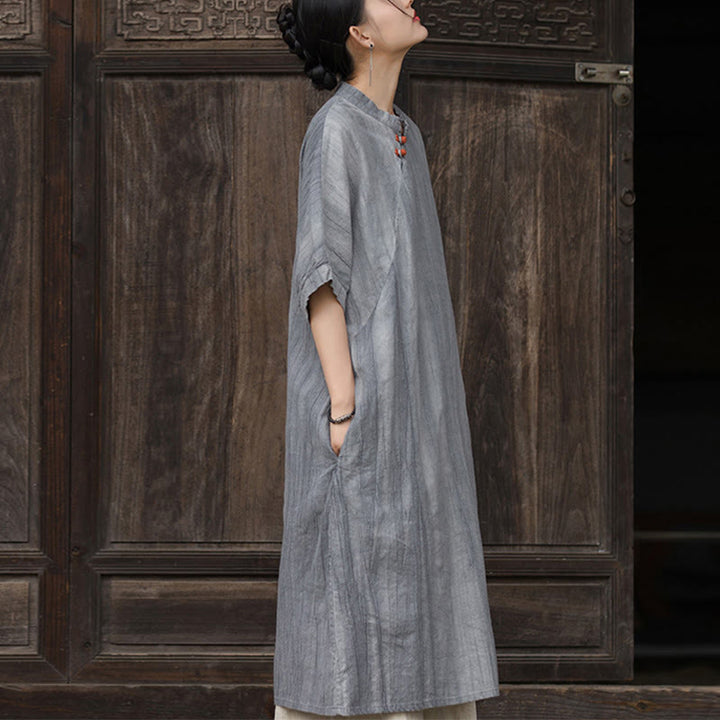 Buddha Stones Handmade Tie Dye Ramie Linen Women's Short Sleeve Below Knee Dress With Pockets - image 15