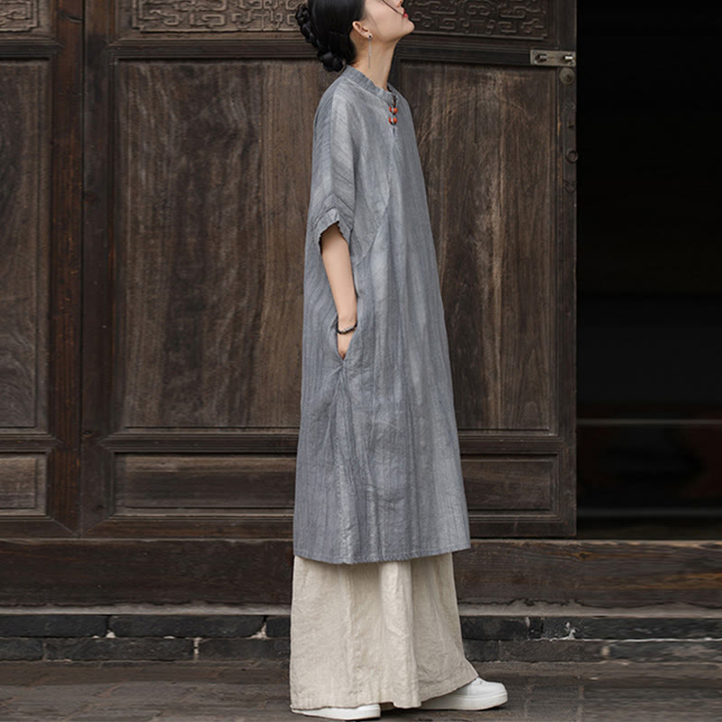 Buddha Stones Handmade Tie Dye Ramie Linen Women's Short Sleeve Below Knee Dress With Pockets - image 13