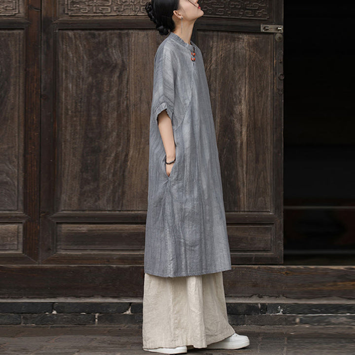 Buddha Stones Handmade Tie Dye Ramie Linen Women's Short Sleeve Below Knee Dress With Pockets - image 13
