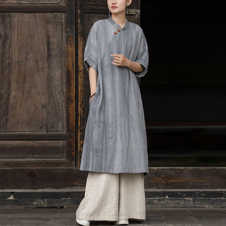 Buddha Stones Handmade Tie Dye Ramie Linen Women's Short Sleeve Below Knee Dress With Pockets - Gray Dress&Khaki Pants - US4-6，UK/AU8-10，EU36-38 (F) - image 12
