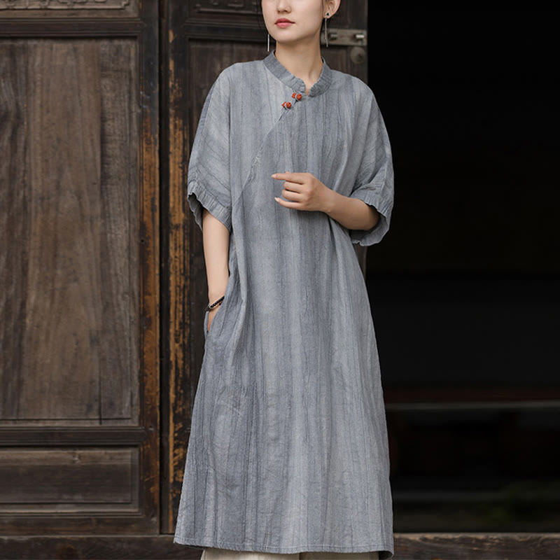 Buddha Stones Handmade Tie Dye Ramie Linen Women's Short Sleeve Below Knee Dress With Pockets - Gray Dress(Dress Only) - US4-6，UK/AU8-10，EU36-38 (F) - image 14