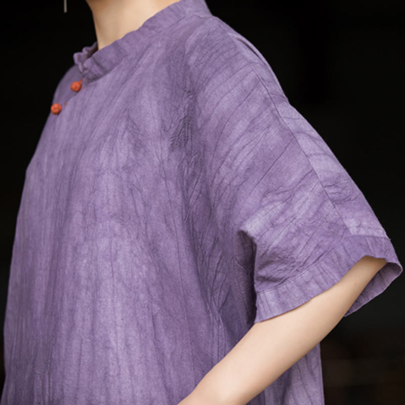 Buddha Stones Handmade Tie Dye Ramie Linen Women's Short Sleeve Below Knee Dress With Pockets - image 3