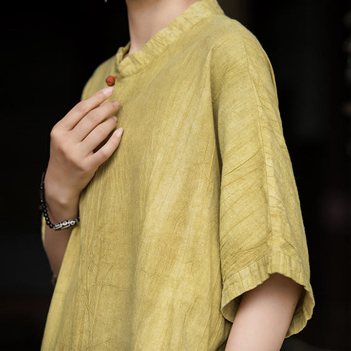 Buddha Stones Handmade Tie Dye Ramie Linen Women's Short Sleeve Below Knee Dress With Pockets - image 10