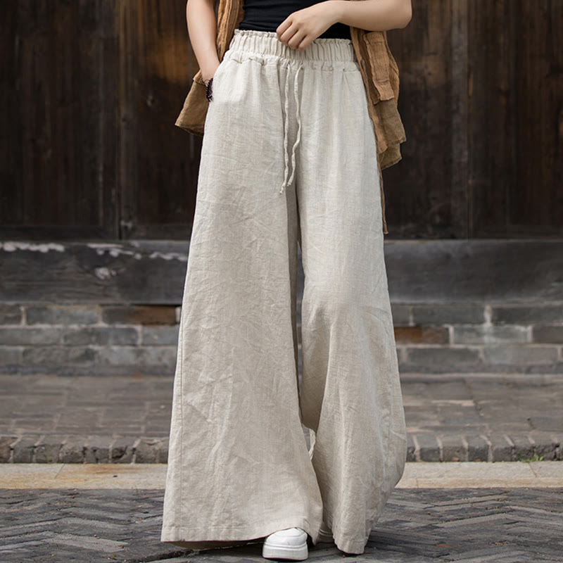 Buddha Stones Handmade Tie Dye Ramie Linen Midi Dress Wide Leg Pants With Pockets - Khaki Pants - US4-6，UK/AU8-10，EU36-38 (F) - image 18
