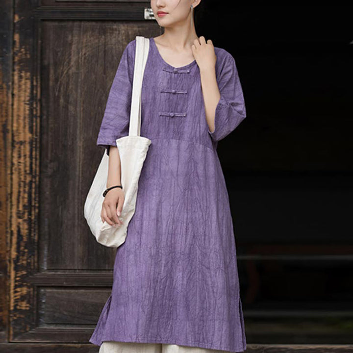 Buddha Stones Handmade Tie Dye Ramie Linen Frog-Button Midi Dress Wide Leg Pants With Pockets - Purple Dress(Dress Only) - US4-8/10，UK/AU8-12/14，EU36-40/42 (F) - image 6