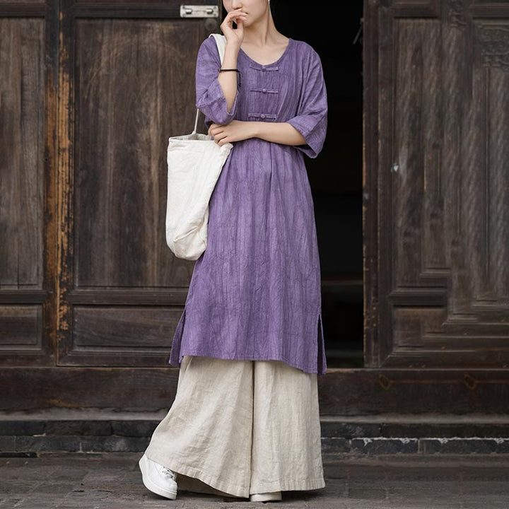 Buddha Stones Handmade Tie Dye Ramie Linen Frog-Button Midi Dress Wide Leg Pants With Pockets - image 4