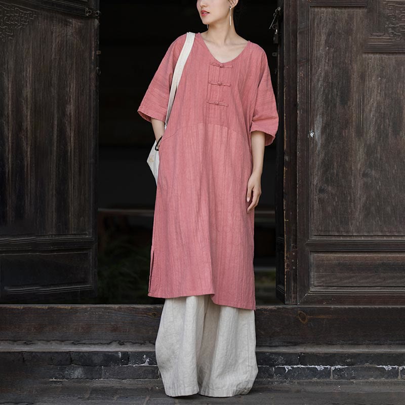 Buddha Stones Handmade Tie Dye Ramie Linen Frog-Button Midi Dress Wide Leg Pants With Pockets