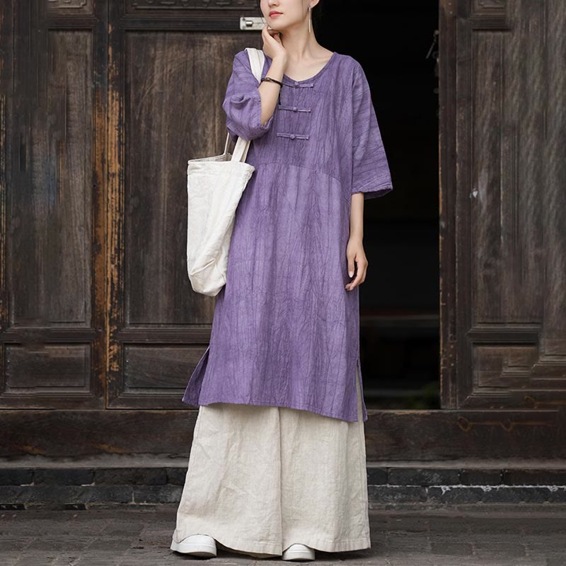 Buddha Stones Handmade Tie Dye Ramie Linen Frog-Button Midi Dress Wide Leg Pants With Pockets