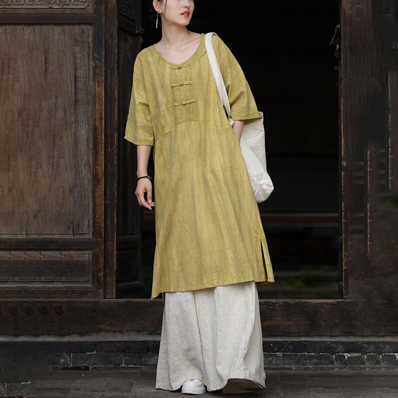 Buddha Stones Handmade Tie Dye Ramie Linen Frog-Button Midi Dress Wide Leg Pants With Pockets - image 24