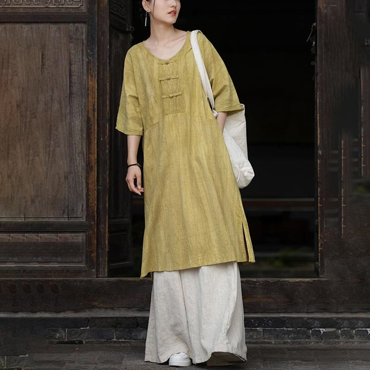 Buddha Stones Handmade Tie Dye Ramie Linen Frog-Button Midi Dress Wide Leg Pants With Pockets - image 24