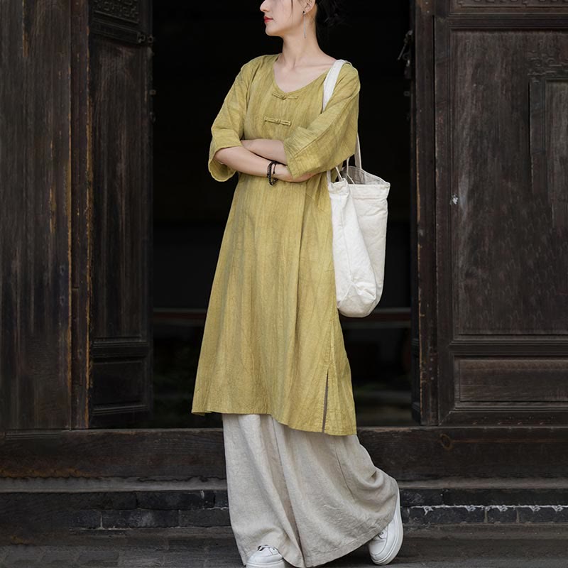 Buddha Stones Handmade Tie Dye Ramie Linen Frog-Button Midi Dress Wide Leg Pants With Pockets - image 26