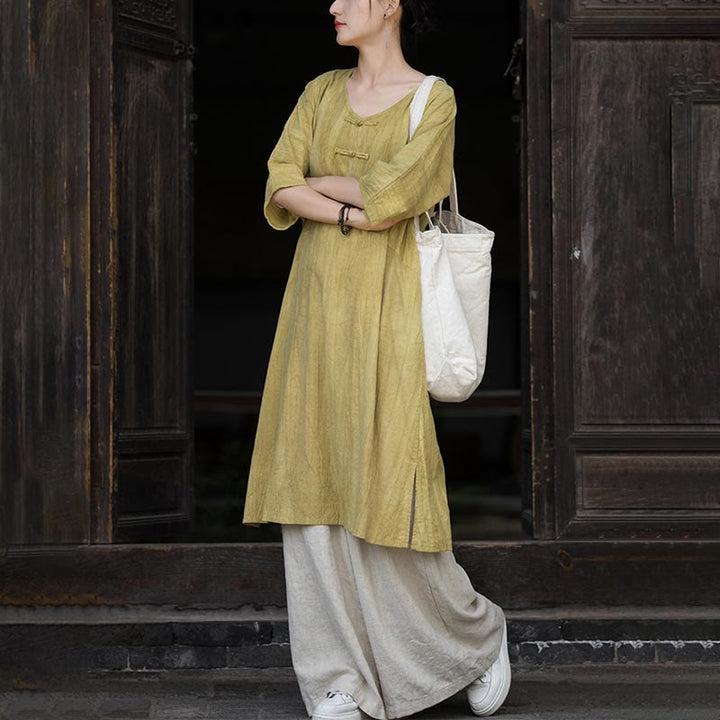 Buddha Stones Handmade Tie Dye Ramie Linen Frog-Button Midi Dress Wide Leg Pants With Pockets - image 26