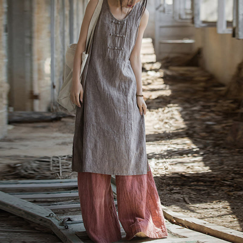Buddha Stones Frog-Button Ramie Linen Women's Sleeveless Knee Length Dress With Pockets - Thistle Dress&Red Pants - US4-8/10，UK/AU8-12/14，EU36-40/42 (F) - image 26