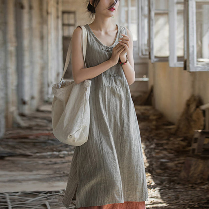 Buddha Stones Frog-Button Sleeveless Cami Midi Dress Ramie Linen Wide Leg Pants With Pockets - Linen Dress(Dress Only) - US4-8/10，UK/AU8-12/14，EU36-40/42 (F) - image 14