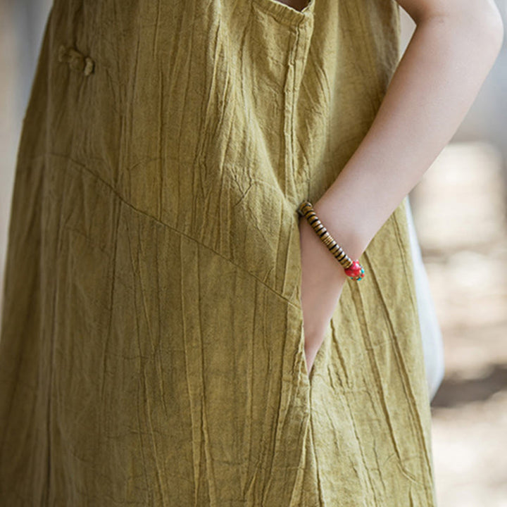 Buddha Stones Frog-Button Sleeveless Cami Midi Dress Ramie Linen Wide Leg Pants With Pockets - image 9