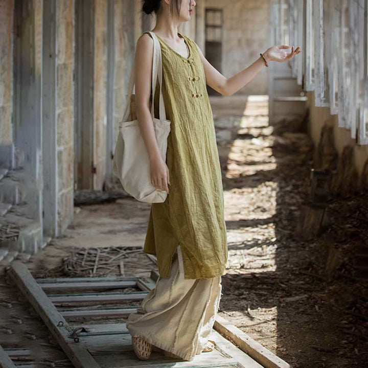 Buddha Stones Frog-Button Ramie Linen Women's Sleeveless Knee Length Dress With Pockets - image 2