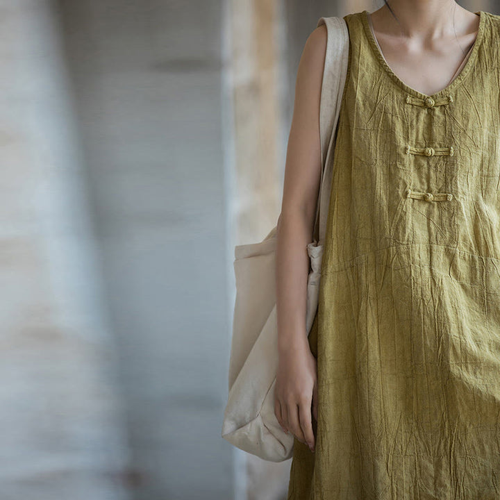 Buddha Stones Frog-Button Sleeveless Cami Midi Dress Ramie Linen Wide Leg Pants With Pockets - image 8