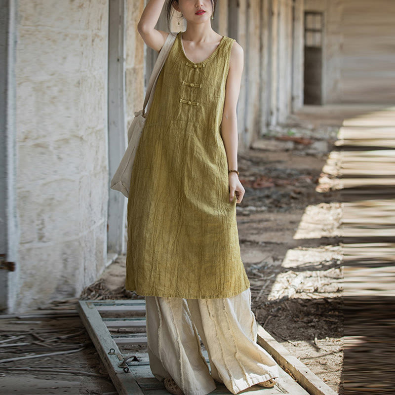 Buddha Stones Frog-Button Sleeveless Cami Midi Dress Ramie Linen Wide Leg Pants With Pockets