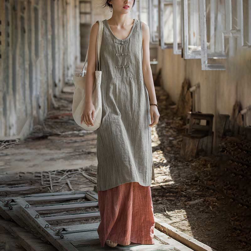 Buddha Stones Frog-Button Sleeveless Cami Midi Dress Ramie Linen Wide Leg Pants With Pockets