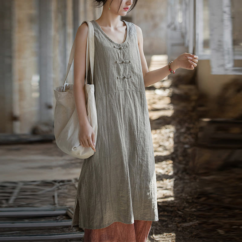 Buddha Stones Frog-Button Sleeveless Cami Midi Dress Ramie Linen Wide Leg Pants With Pockets