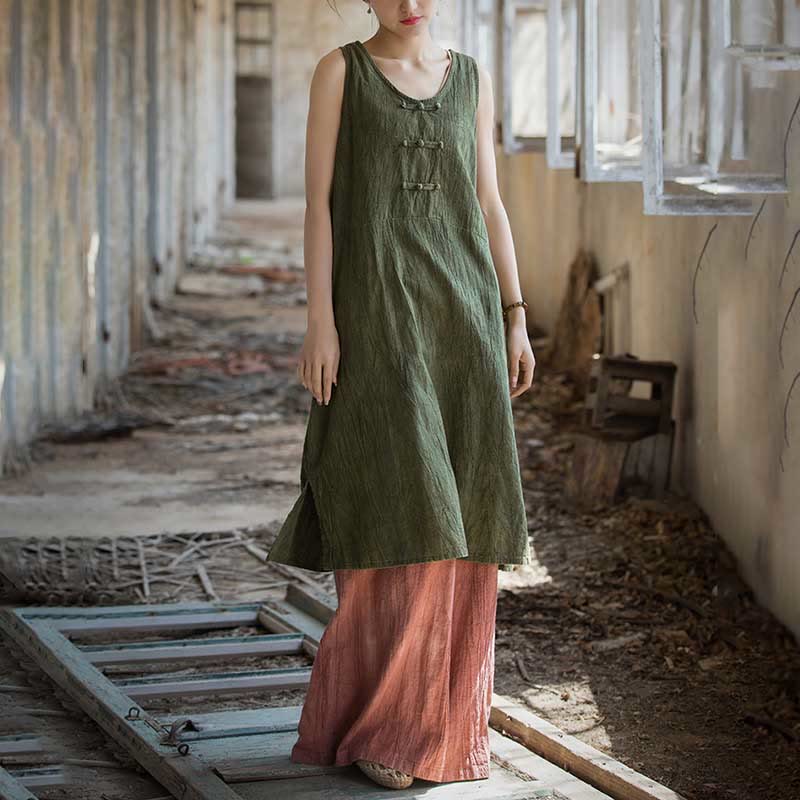 Buddha Stones Frog-Button Sleeveless Cami Midi Dress Ramie Linen Wide Leg Pants With Pockets