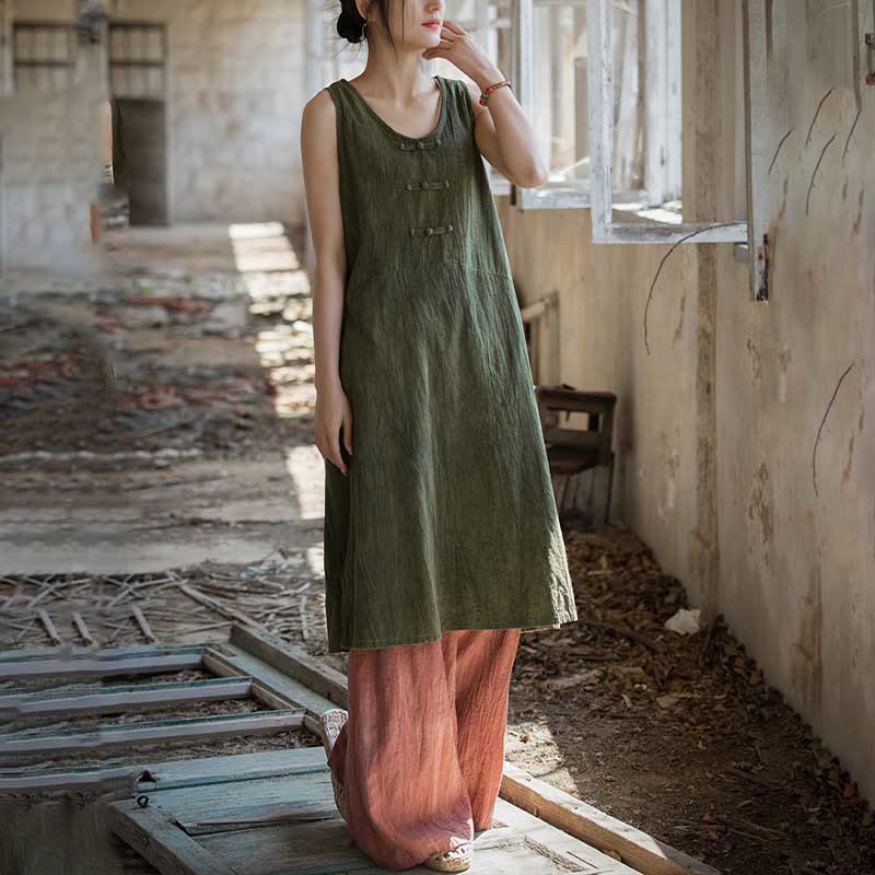 Buddha Stones Frog-Button Sleeveless Cami Midi Dress Ramie Linen Wide Leg Pants With Pockets - image 21