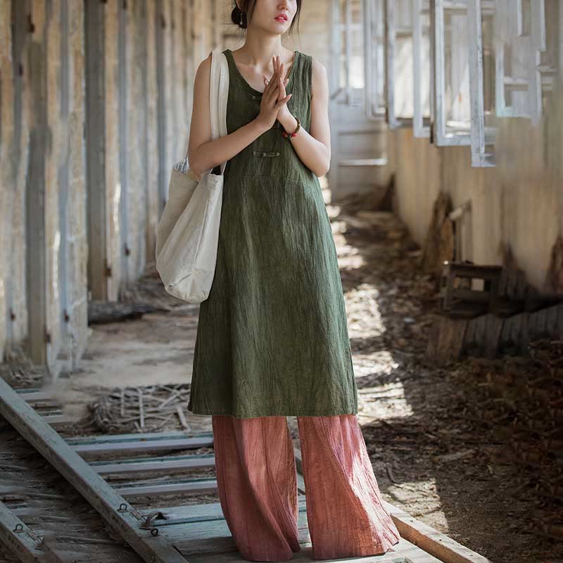 Buddha Stones Frog-Button Sleeveless Cami Midi Dress Ramie Linen Wide Leg Pants With Pockets - image 22