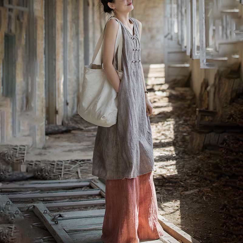 Buddha Stones Frog-Button Ramie Linen Women's Sleeveless Knee Length Dress With Pockets - image 28