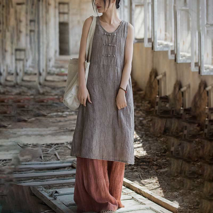 Buddha Stones Frog-Button Ramie Linen Women's Sleeveless Knee Length Dress With Pockets - image 27