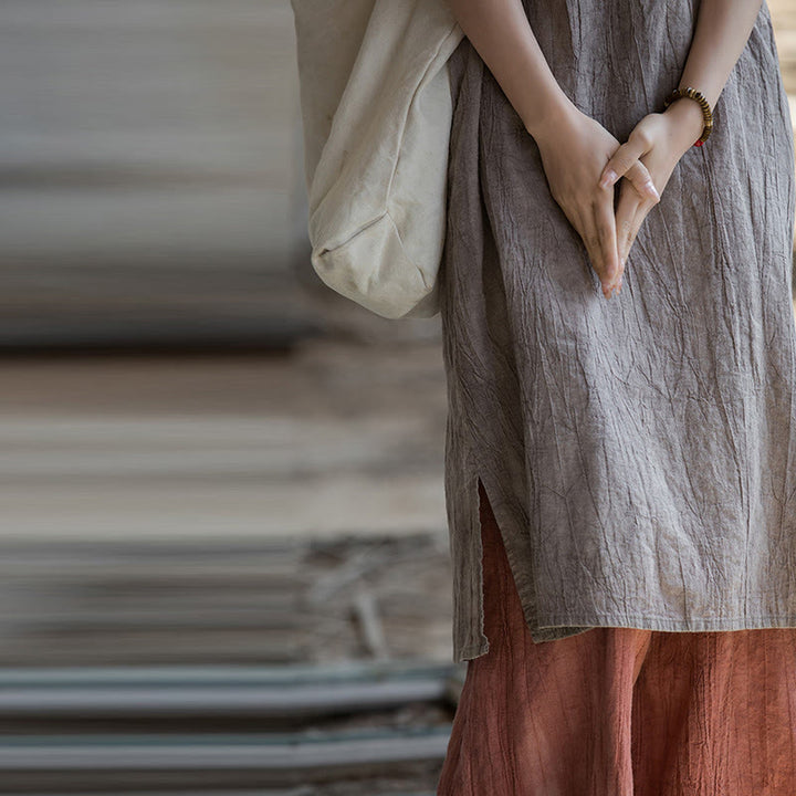 Buddha Stones Frog-Button Sleeveless Cami Midi Dress Ramie Linen Wide Leg Pants With Pockets - image 33